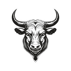 long horn bull, vintage logo concept black and white color, hand drawn illustration