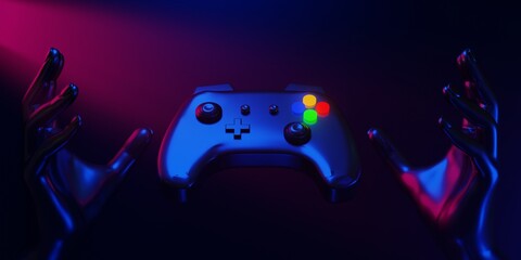 human hand holding the joystick for gaming metaverse, technology of gamer, esports challenge...