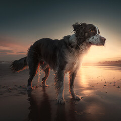a cute border collie dog  black and white at the beach created with Generative AI Technoloy