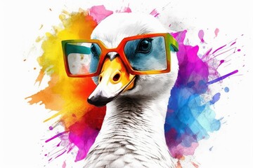goose in sunglasses realistic with paint splatter abstract - obrazy, fototapety, plakaty