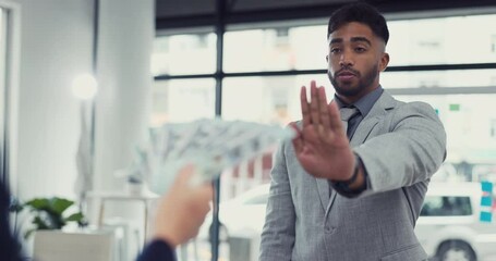 Stop bribery, cash and man with warning, fraud and business deal exchange in workplace. Male employee, money and worker with hand gesture, payment and ethics with financial crime, scam and rejection