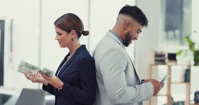 Inequality, equal pay or discrimination with a man and woman in the office at work counting money. Cash, finance and payment with business colleagues feeling happy or upset about the salary gap