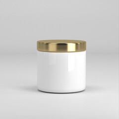 Round glossy white cosmetic jar with gold lid for body cream, gel, butter, bath salt, skin care, powder. Realistic cosmetics packaging mockup template. 3D Rendering