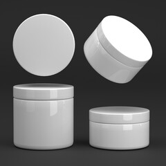 Multiple Round glossy white cosmetic jars with lids for body cream, gel, butter, bath salt, and skin care, are isolated on black background. Realistic cosmetics packaging mockup template. 3D Render