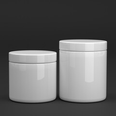 Two Round glossy white plastic cosmetic jars with lid for body cream, gel, butter, bath salt, skin care, and powder. Realistic cosmetics packaging mockup template. 3D Rendering.