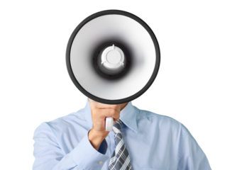 Young businessman talking on the megaphone on white background