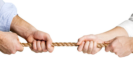 Human hands holding rope from both side isolated on white - Powered by Adobe