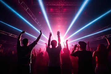 group of young people dancing and jumping to the beat of electronic music concert festival. Generative AI