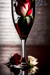 a red rose with white and red petals stands in a tall glass goblet