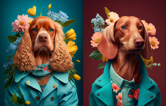 Cute dogs wearing in clothes. Background with flowers, collection	
