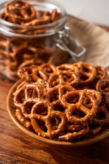 Organic Brown Mini Pretzels with Salt in a Bowl