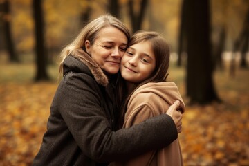 Fototapeta premium Happy Mature woman embracing her daughter in a park. Generative AI