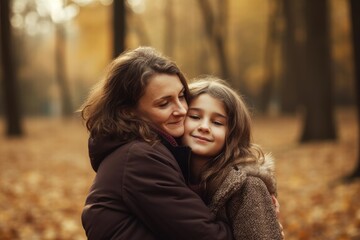Fototapeta premium Happy Mature woman embracing her daughter in a park. Generative AI