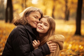 Fototapeta premium Happy Mature woman embracing her daughter in a park. Generative AI