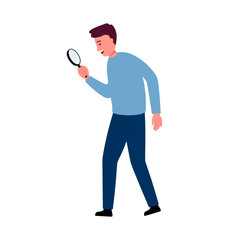 Fototapeta na wymiar Man holding magnifying glass in flat design on white background. Guy looking for something.