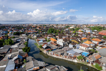 Aerial view of the most populated urban area in West Denpasar, Bali, Indonesia.