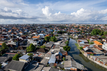 Aerial view of the most populated urban area in West Denpasar, Bali, Indonesia.