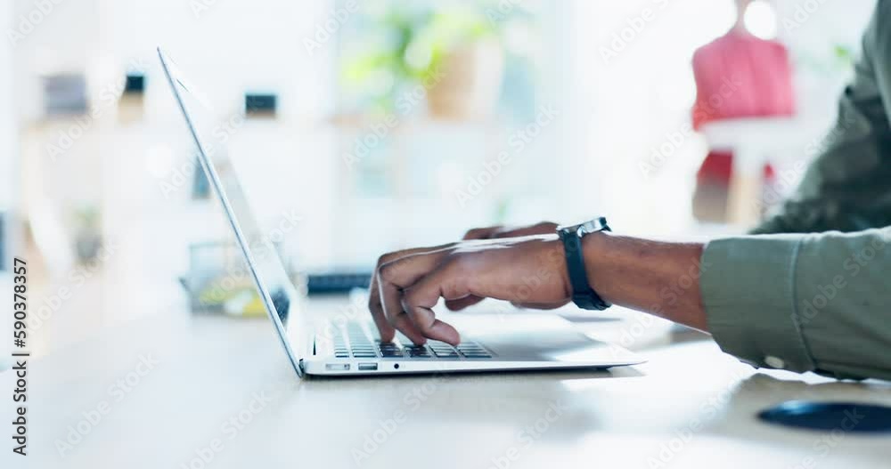 Poster black man is typing on laptop, hands and writing content for blog at digital agency, startup and pro