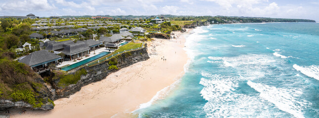 Aerial view of Dreamland Beach in Pecatu on the Bukit Peninsula on the island of Bali, Indonesia
