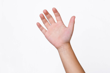 Child hand reaching up ready to help or receive isolated on white background. Helping hand outstretched for salvation.