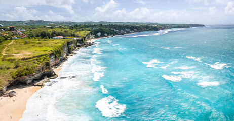 Aerial view of Dreamland Beach in Pecatu on the Bukit Peninsula on the island of Bali, Indonesia