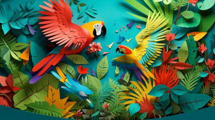 Fototapeta na wymiar Macaw in flight Kirigami paper art: Create a macaw in flight that the sky and the surrounding jungle foliage to create a paper layered effect