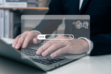 Search engine with AI tech concept, chatbot, businessman using laptop connecting to AI, use command...