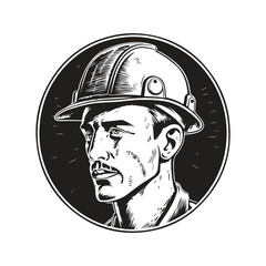 worker hard hat, vintage logo concept black and white color, hand drawn illustration