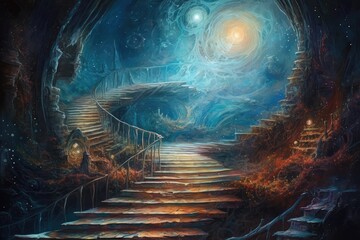 Naklejka na ściany i meble Ascending the Stairway to the Galaxy: A Majestic Oil Painting 11