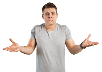 Portrait young man shrugging shoulders