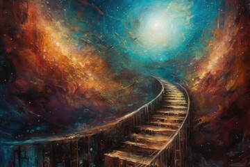 Obraz na płótnie Canvas Galactic Ascent: A Beautiful Oil Painting of a Stairway to the Stars 10