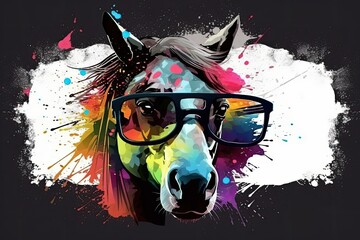 horse in sunglasses realistic with paint splatter abstract