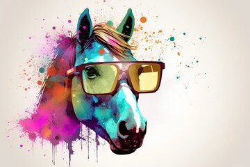 Fototapeta premium horse in sunglasses realistic with paint splatter abstract