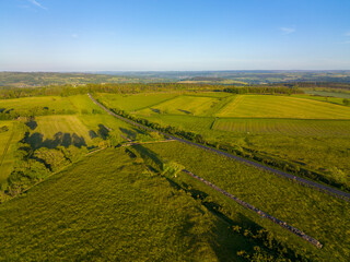 Black Carts Turret aerial view on Hadrian's Wall ruin near village of Chollerford in town of Hexham in England, UK. 