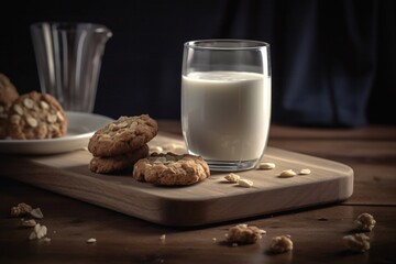 a glass of milk and cookies on wooden board