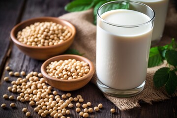 a glass of milk with wheat grain on wooden table