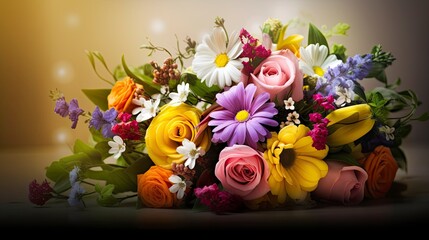 Beautiful Bouquet of flowers background. Valentine's Day, Easter, Birthday, Happy Women's Day, Mother's Day. Flat lay, top view, copy space
