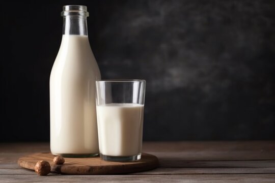 a glass of milk on wooden table