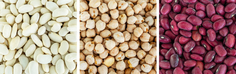 A variety of legumes with a scoop. White and red beans and chickpeas. Health and natural products. Collage, set. Close-up. Panorama format.