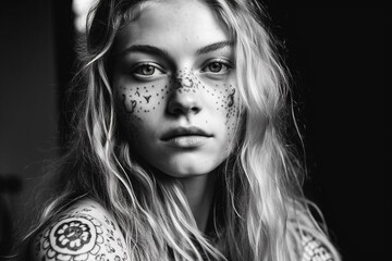 A black and white portrait of a blonde girl with tattoos on her face. Generative Ai