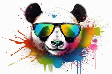 panda in sunglasses realistic with paint splatter abstract