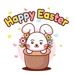 happy easter poster with cute bunny inside basket with flower and love