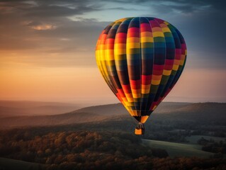 A single, colorful hot air balloon