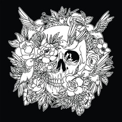 Skull Colibri Black and White  Illustration