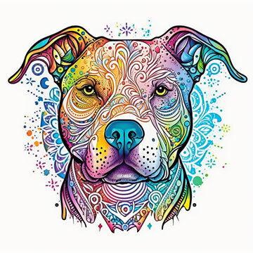 Pop art dog: colorful Pitbull art portrait, a cute dog with colorful paint on its face, illustration with dog carnivore
