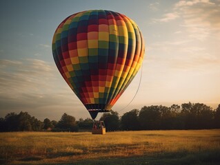 A single, colorful hot air balloon