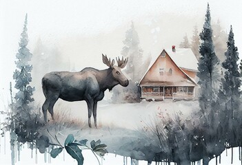 Watercolor composition with winter landscape and moose. Little house, trees, snow, animal, pine. Village cottage, nature, animal. Generative AI