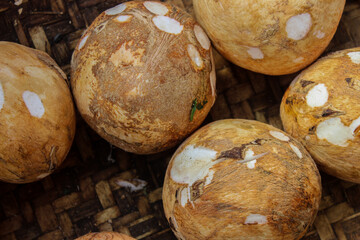 Coconuts fruit photo that sells in the market. Tropical fruit.
