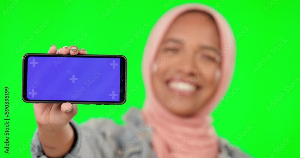 Sticker Showing, mockup and phone screen of a Muslim woman isolated on a studio background. Tracking markers, happy and an Islamic girl holding a mobile with blank space for promotion, marketing and branding