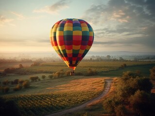 A single, colorful hot air balloon